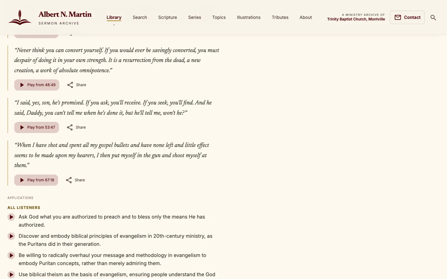 The live archive’s transcript of Puritan Evangelism: three quotations in italics, each with a Play from button (48:49, 53:47, 67:18) and a Share link.