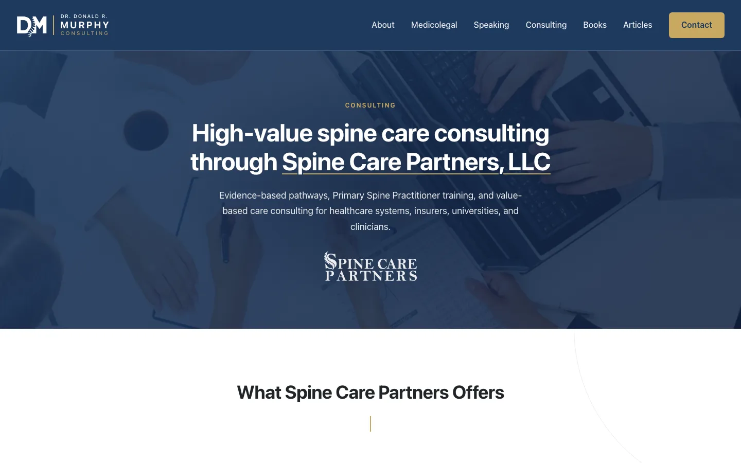The consulting page, “High-value spine care consulting through Spine Care Partners, LLC”, with the Spine Care Partners wordmark.