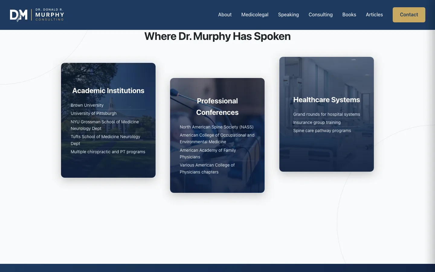 The speaking page, “Where Dr. Murphy Has Spoken”, with cards for Academic Institutions (Brown University, University of Pittsburgh, NYU Grossman, Tufts), Professional Conferences (NASS, ACOEM, AAFP, ACP) and Healthcare Systems.