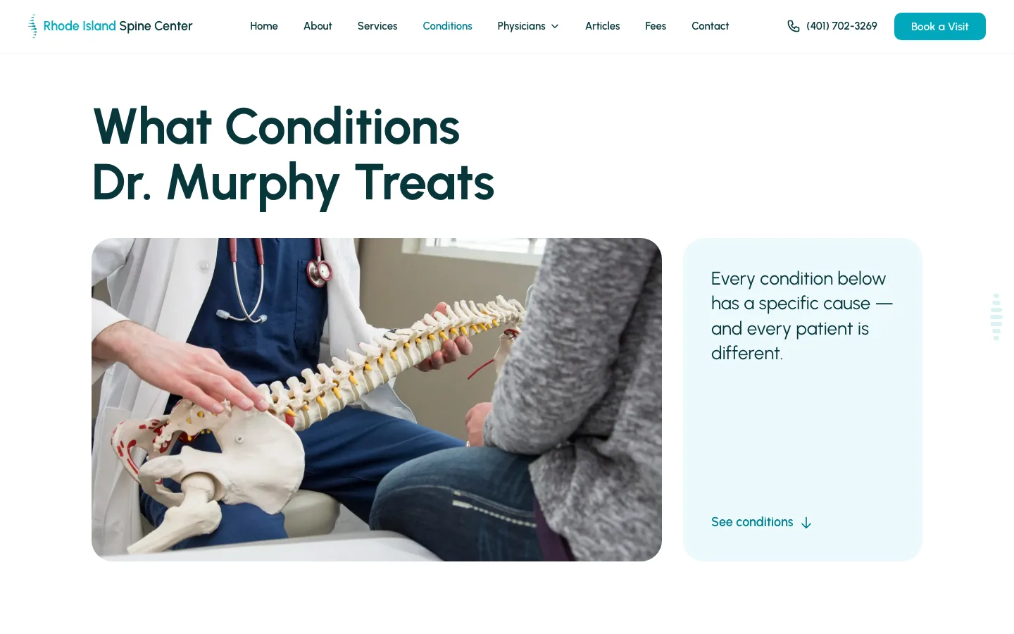 The conditions overview, “What Conditions Dr. Murphy Treats”, beside a spine-model consultation photo, with the line “every condition has a specific cause.”