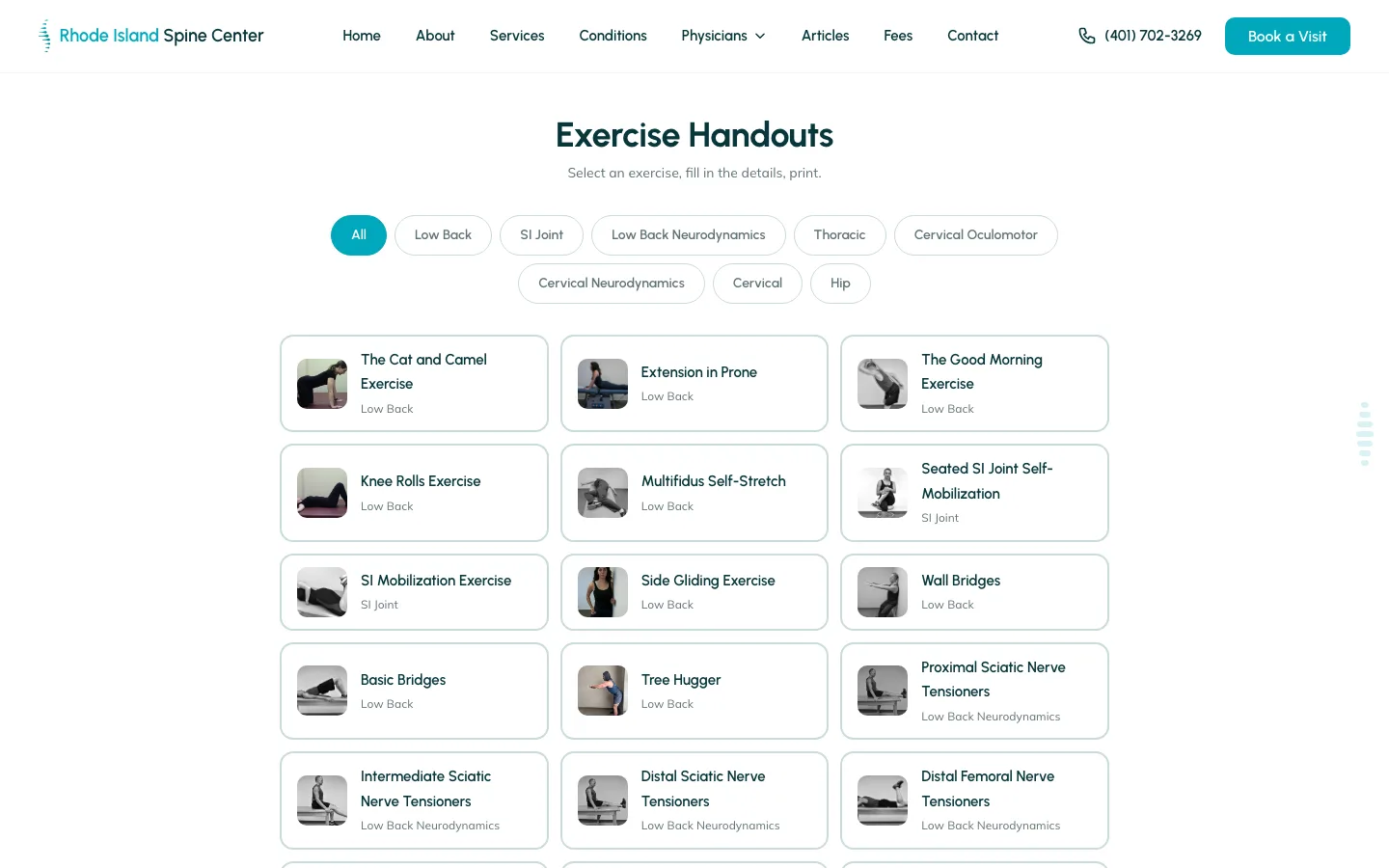 The exercise-handout tool: category filter pills (All, Low Back, SI Joint, Thoracic, Cervical, Hip and more) above a grid of exercises with thumbnails.