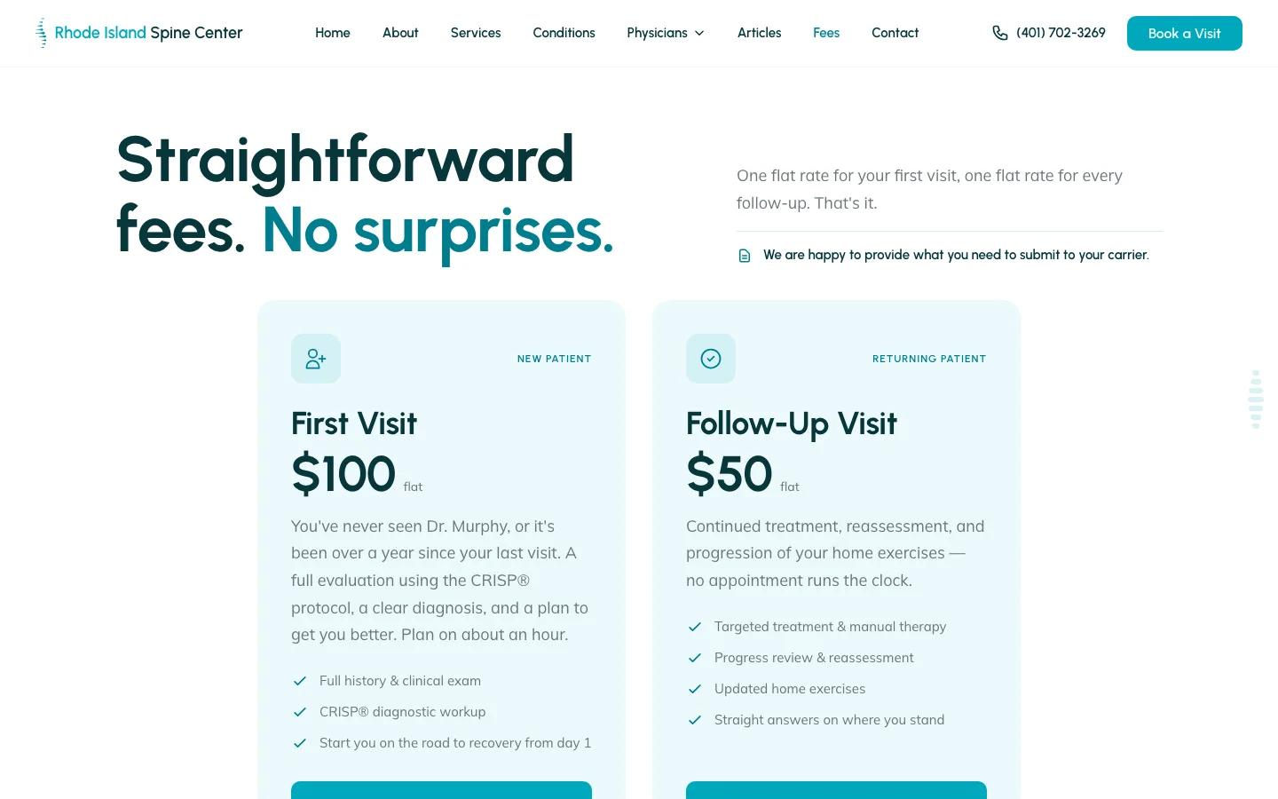The transparent fees page: a flat $100 first visit and $50 follow-up, out-of-network, stated plainly with no hidden pricing.