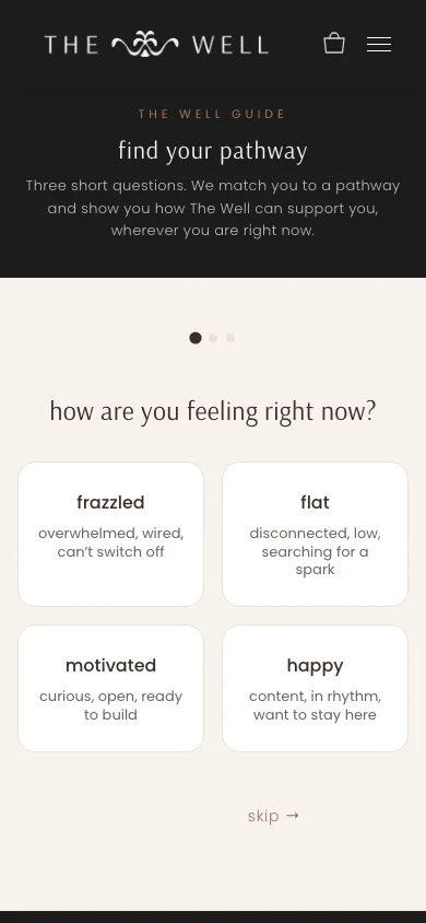 The Well Guide on a phone, asking “how are you feeling right now?” with four answers: frazzled, flat, motivated and happy.