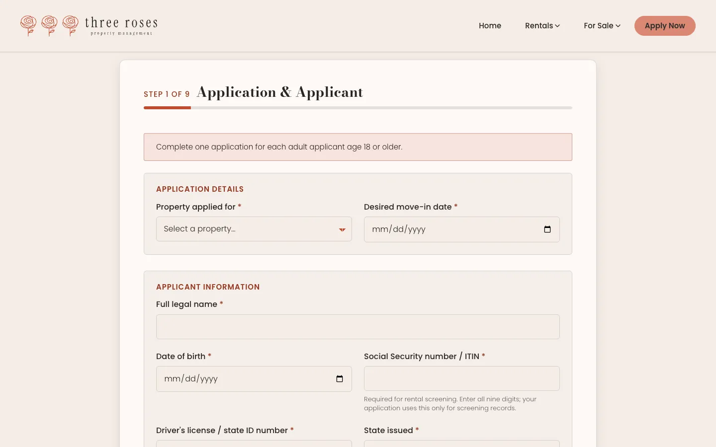 Step 1 of 9 of the empty rental application, “Application & Applicant”, with property, move-in date, legal name, date of birth and ID fields.